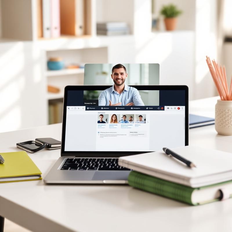 Hybrid learning desk with laptop and notebooks