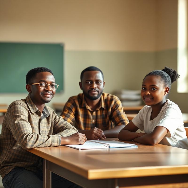 Tutor teaching two students in a classroom
