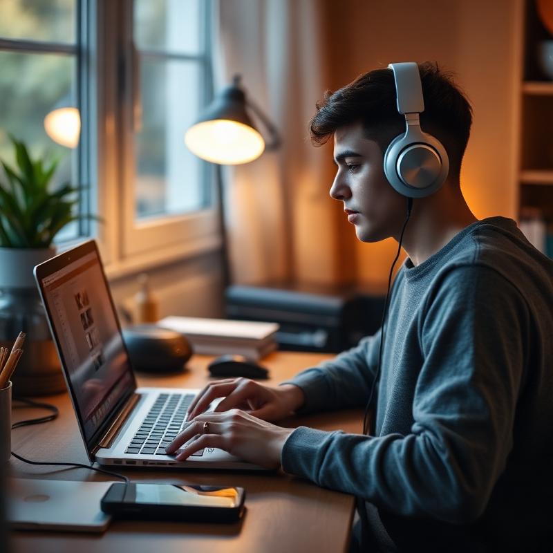 Student attending an online lesson on a laptop